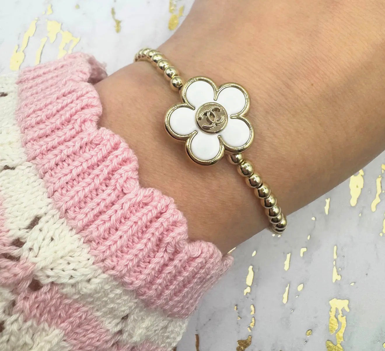 CC Flower Charm 14k Gold Beaded Bracelet ✨